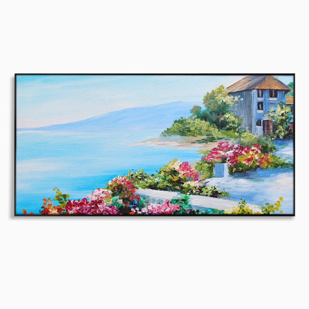 Tablou canvas cu tablou pictura cu flori si mare, in rama de aluminiu negru